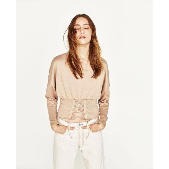 NWT Zara W & B Collection Tan Long Drop Sleeve Front Corset Lace Up Waist Top M - Picture 12 of 12